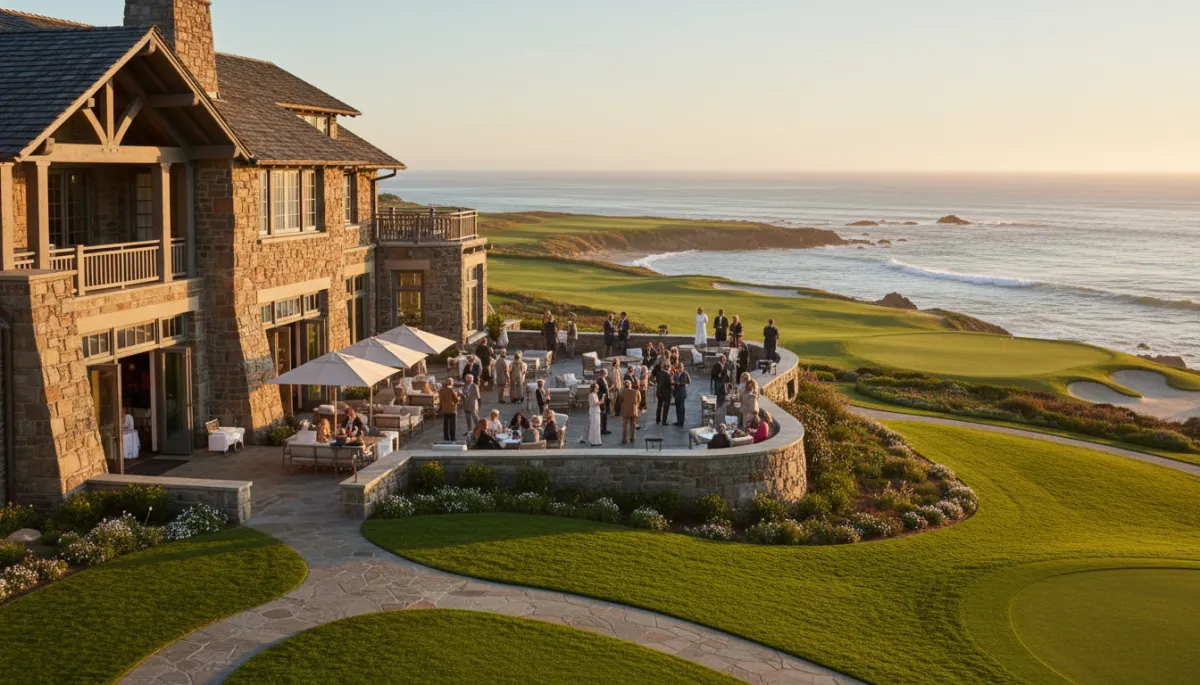 The Lodge at Pebble Beach with ocean and golf course views at sunset