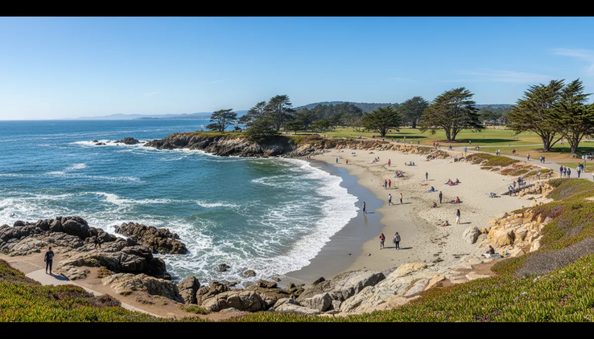 Panoramic ocean view of Lovers Point Beach and park in Pacific Grove Panoramic ocean view of Lovers Point Beach and park in Pacific Grove