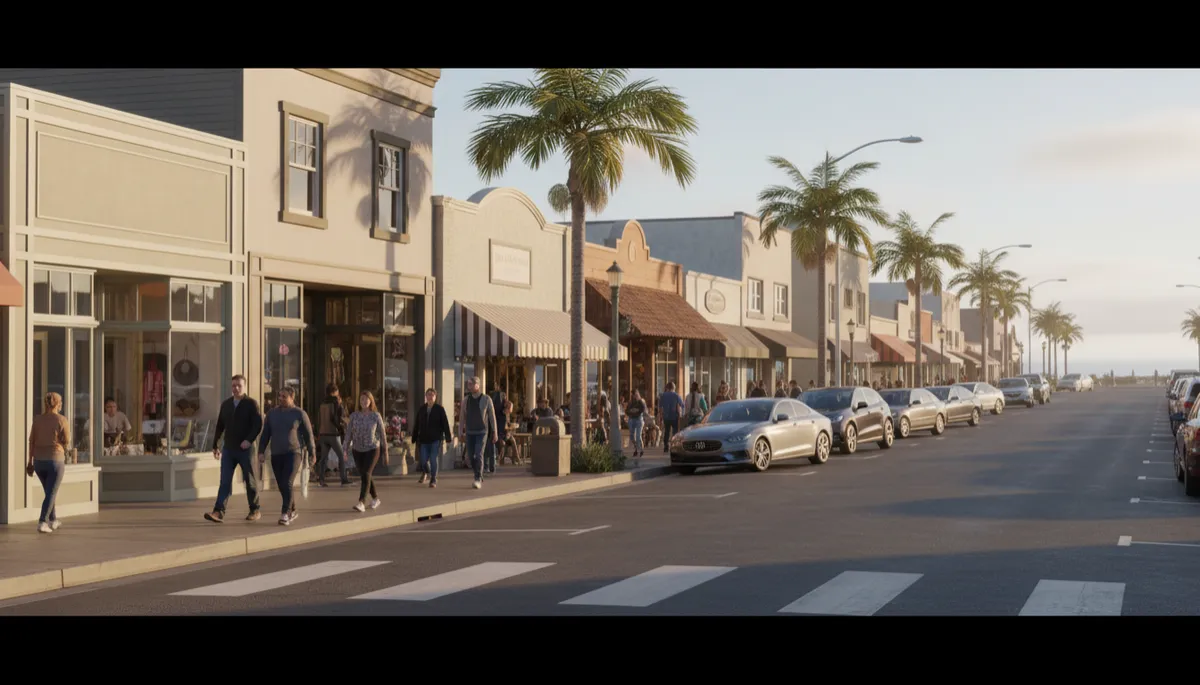 Photorealistic downtown Marina main street with local shops and diverse residents