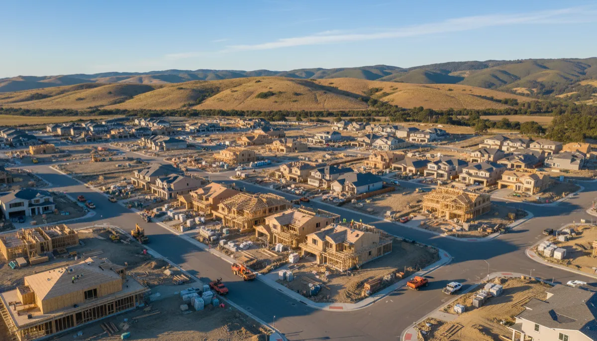Photorealistic aerial view of new residential development under construction in Marina