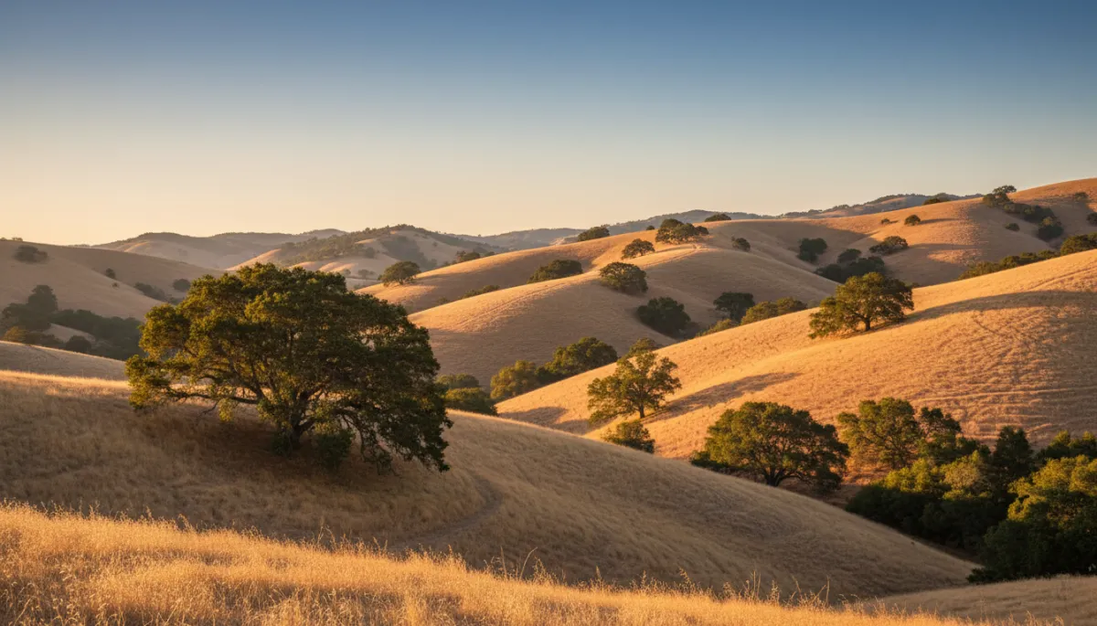 photorealistic wide cinematic shot of Carmel Valley hillside landscape with golden California rolling hills dotted with mature oak trees under warm late afternoon light, clear sky, no structures visible, neutral color palette