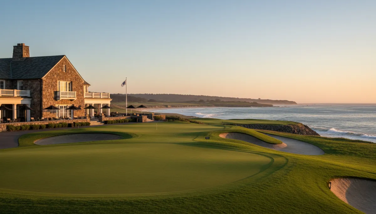 photorealistic wide shot of The Lodge at Pebble Beach at golden hour, Monterey stone facade, manicured greens in the foreground, Pacific Ocean and 18th fairway in the background, warm coastal tones of ocean blues and forest greens, subtle black and white brand accents, cinematic luxury real estate feel