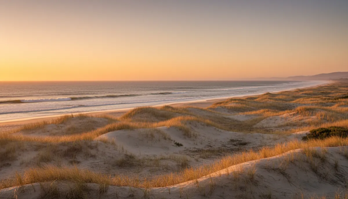 Wide photorealistic view of Marina State Beach sand dunes at golden hour, sweeping coastal dunes in foreground, Pacific Ocean waves in background, warm amber light, neutral color palette, cinematic 16:9 composition