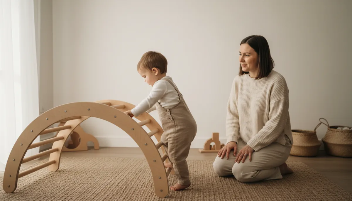 Toddler climbing a low wooden structure while her mother watches supportively