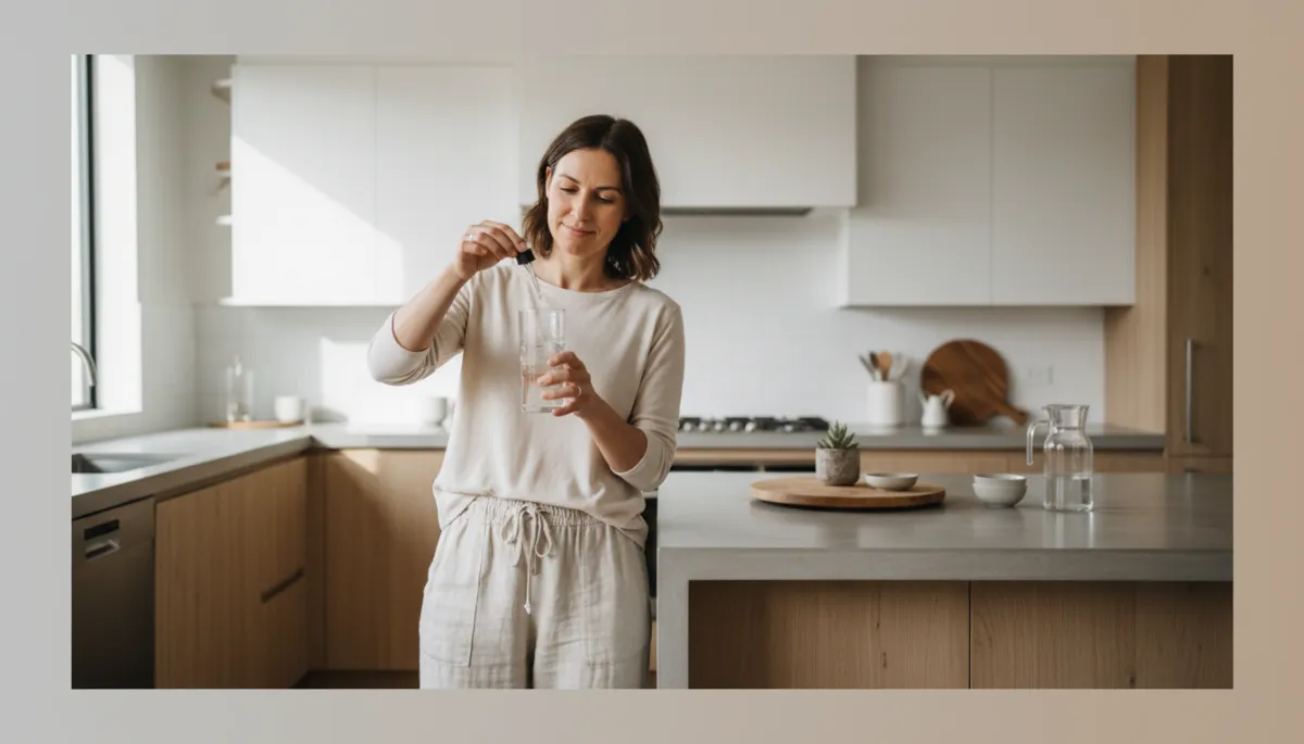 Photorealistic image of a woman in her mid-30s standing in a modern, minimalist kitchen with neutral tones and natural light. She is either drinking a glass of water or carefully adding trace mineral drops from a small bottle into the glass. The kitchen is clean and uncluttered, with subtle earthy accents like a wooden cutting board or a small potted plant in the background. The woman has a relaxed, authentic expression, wearing comfortable casual clothing, conveying a real, unposed moment in her daily routine. The overall style is natural, candid, and in harmony with the 