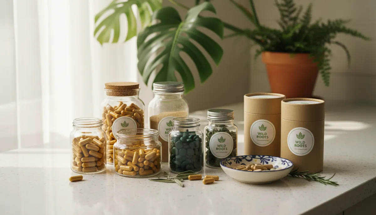 add a photo here of supplements laid out on a kitchen counter. Context: This is for a blog post about "Wild Roots — Post No. 2". Style: Professional quality, photorealistic, high resolution