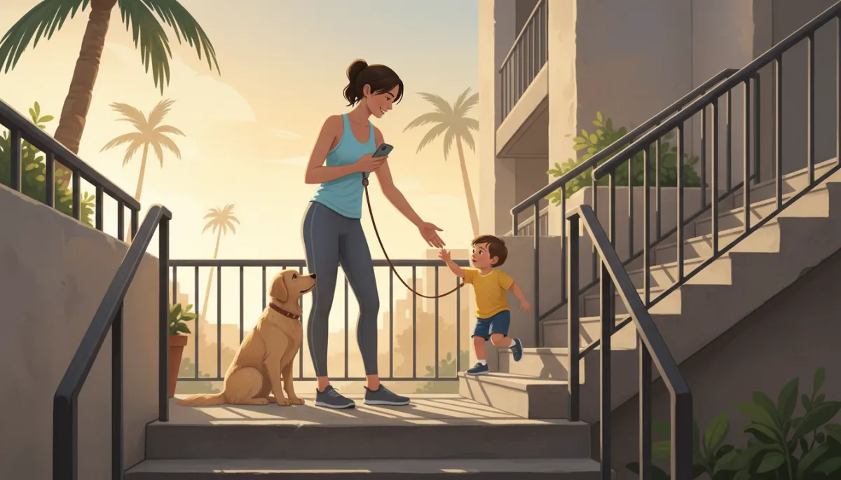 Outdoor apartment stairwell with a mom holding a phone in one hand while a toddler climbs the steps and a leashed dog waits on the landing, early morning light and casual athleisure clothes