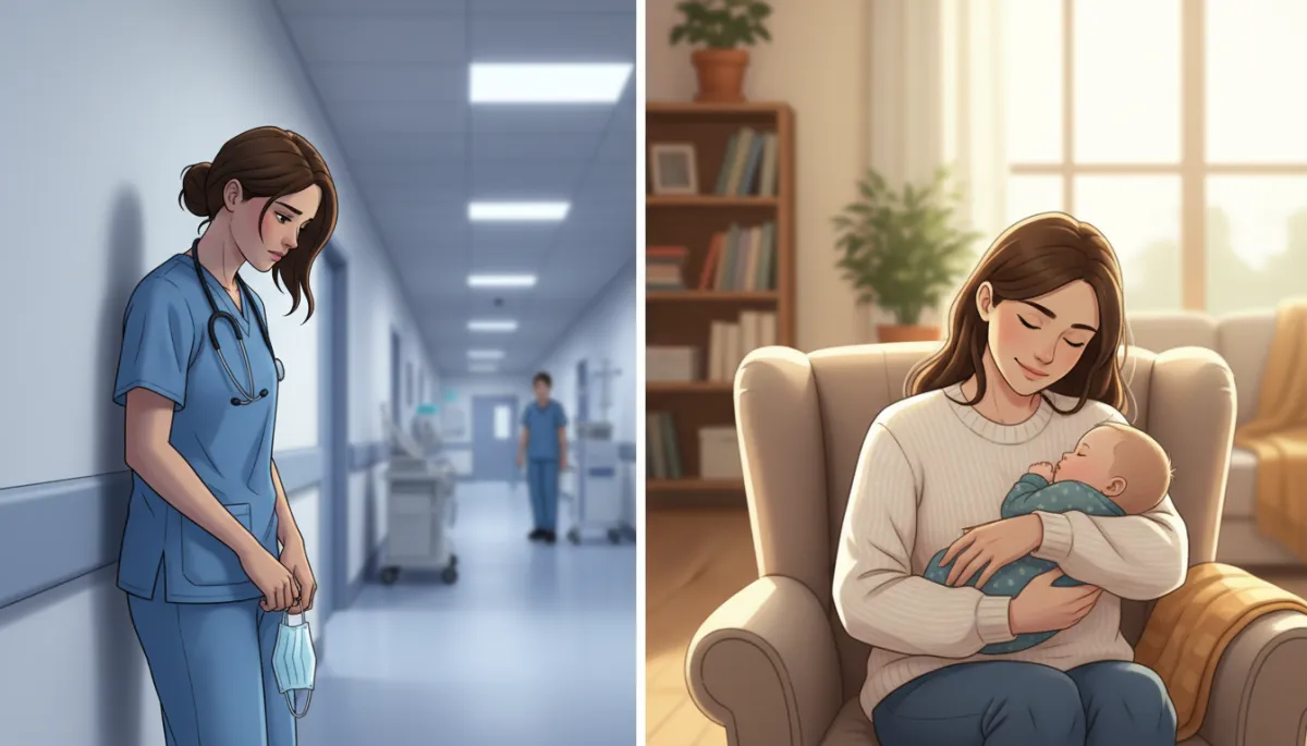 Split scene of a tired nurse in scrubs under harsh hospital lighting on one side and the same woman at home holding her baby in soft natural light on the other