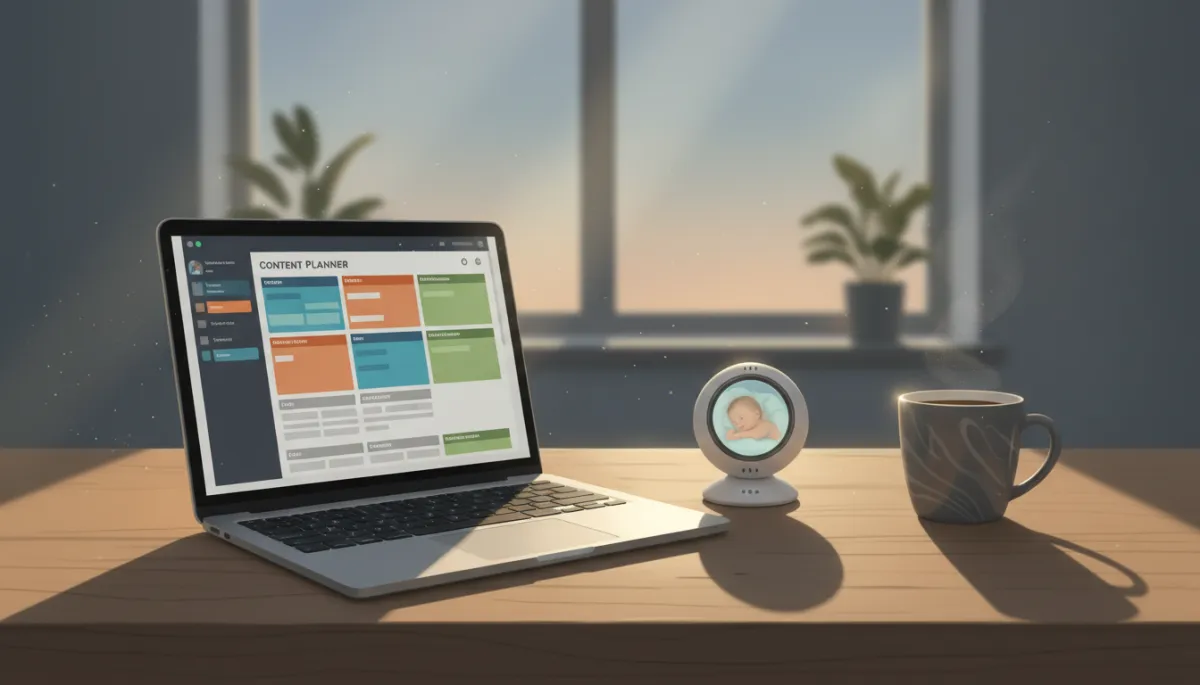 Early morning kitchen table with a laptop open to a content planner, a baby monitor nearby, a mug of coffee, and dim warm lighting suggesting pre-dawn work time