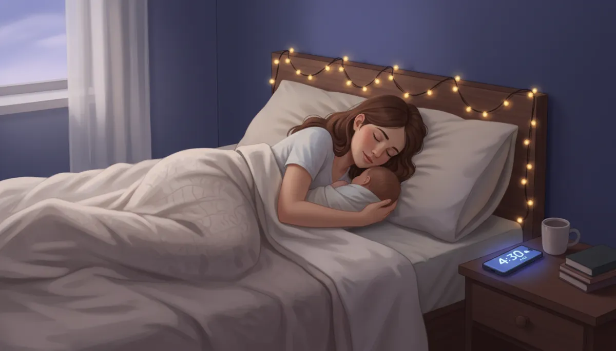 Dim bedroom with a co-sleeping setup, baby snuggled next to mom in bed, soft string lights and a phone on nightstand showing an early alarm time