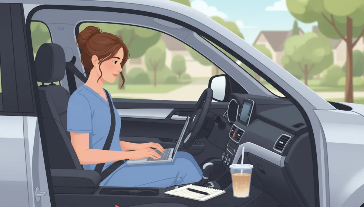 Nurse in casual scrubs sitting in her parked car between home visits, typing on a laptop with a planner and iced coffee on the console