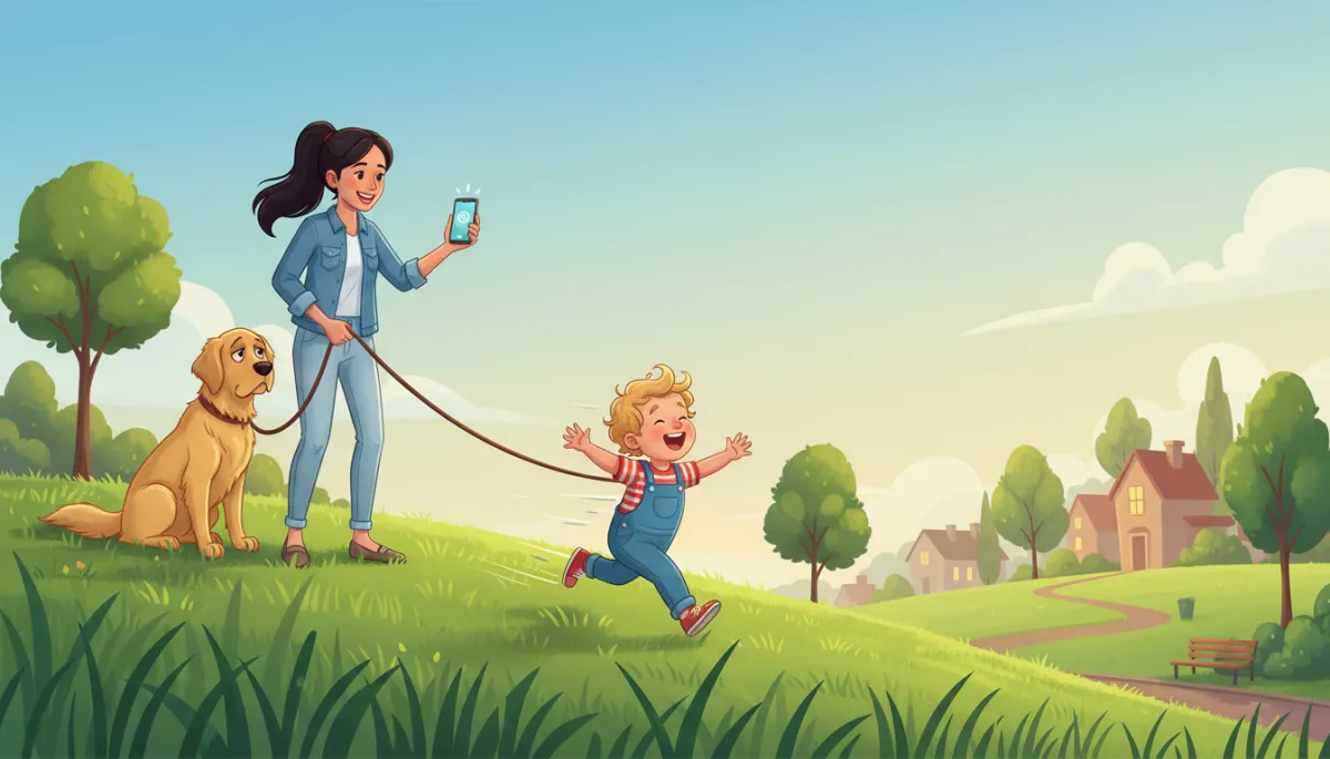Grassy hill at a neighborhood park where a toddler runs up and down laughing, mom stands nearby holding a phone recording, dog on a leash looking unimpressed