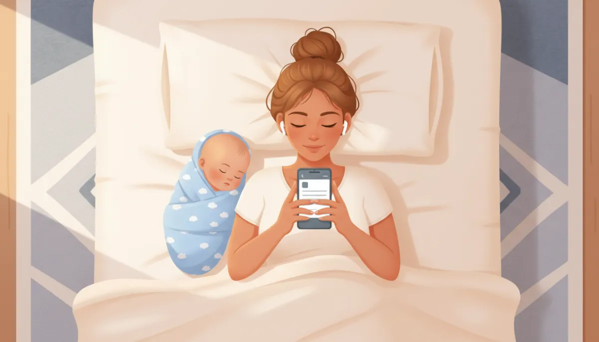 Overhead view of a mom lying in bed next to a napping baby, one earbud in, holding her phone above her face with a notes app open