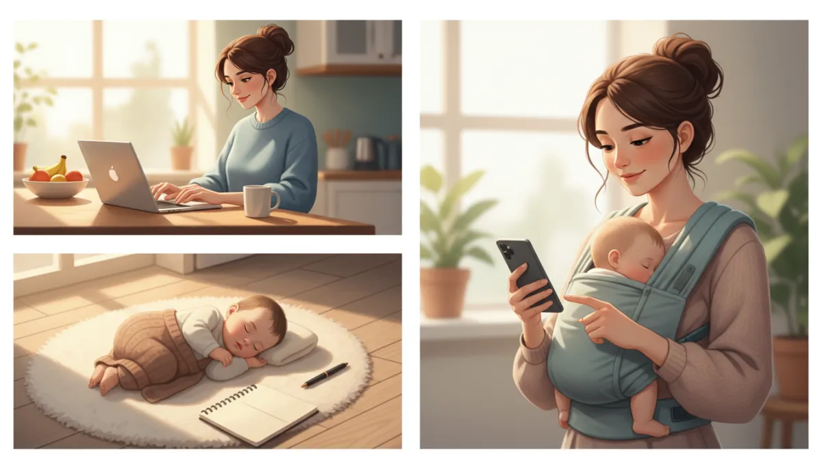 Collage-style layout showing a mom on a laptop at the kitchen counter, the same mom wearing a baby in a carrier while on her phone, and a cozy nap-time scene with a notebook and pen beside a sleeping baby