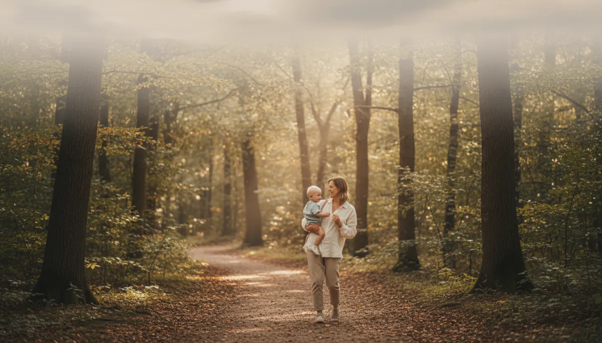 professional neutral-toned candid scene of a young mother walking along a wooded path carrying her toddler on her hip, soft natural light filtering through trees, both looking relaxed and connected, subtle text overlay space in sky area