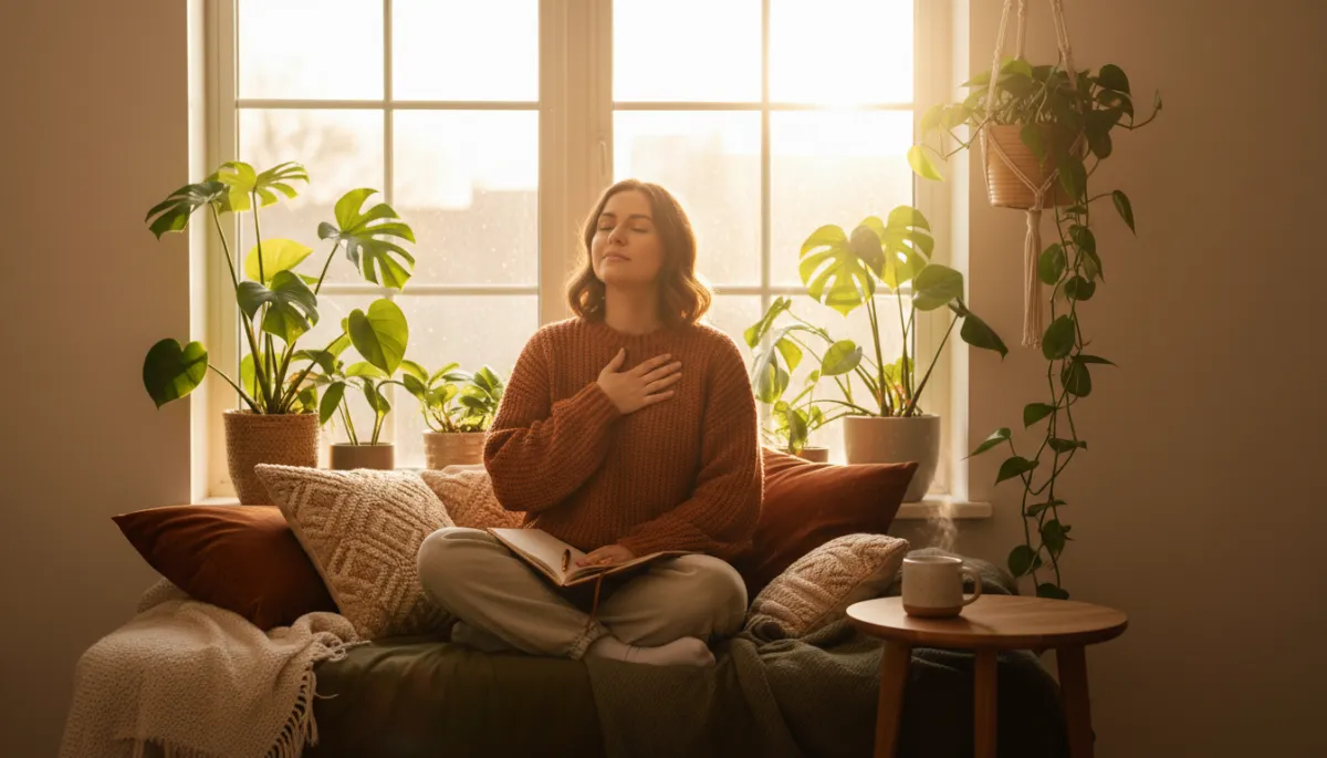 candid warm earthy-toned photo of a woman sitting by a sunlit window with a journal and a mug of tea, soft blankets and plants around her, eyes closed and one hand on her heart as if listening inward