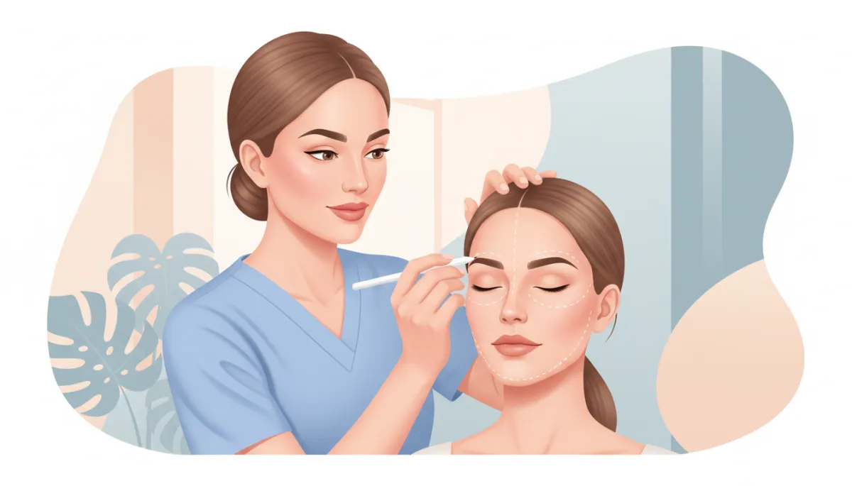 Injector assessing a client’s face before Botox and filler treatment in a neutral-toned medical spa