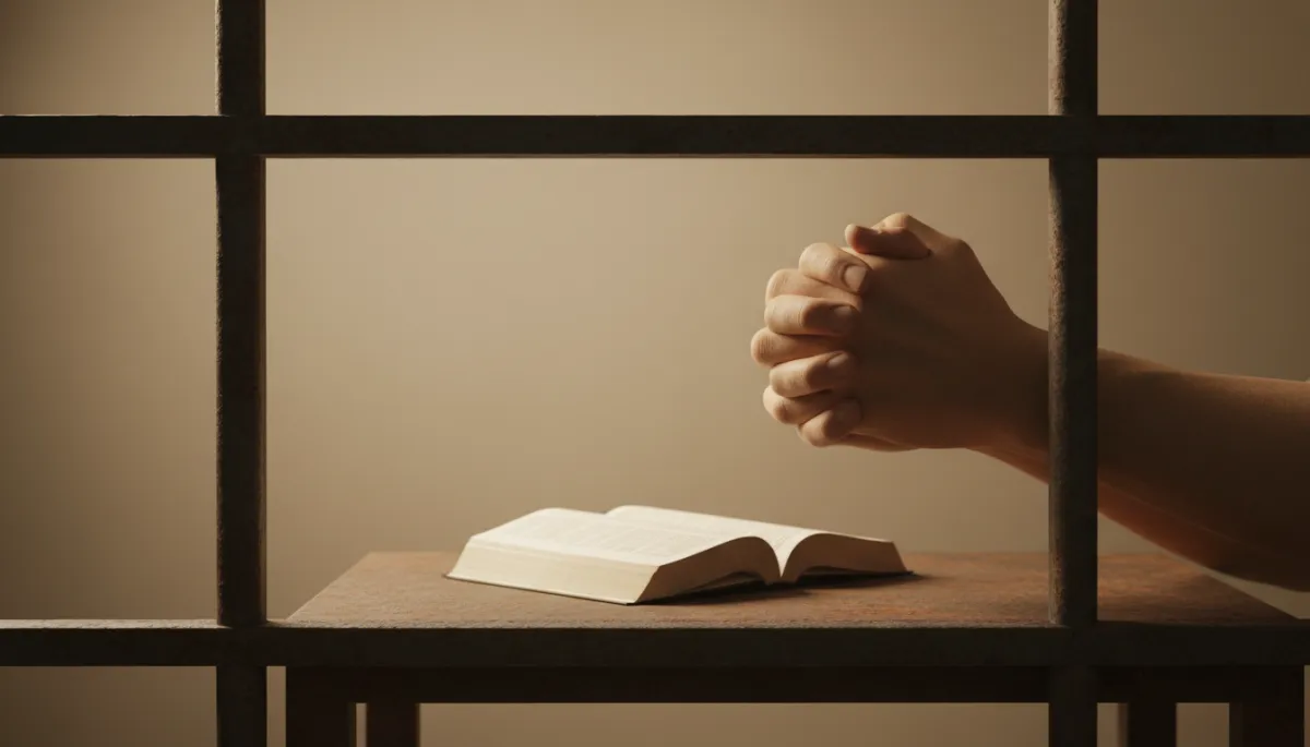 Hands reaching through prison bars in prayer over an open Bible