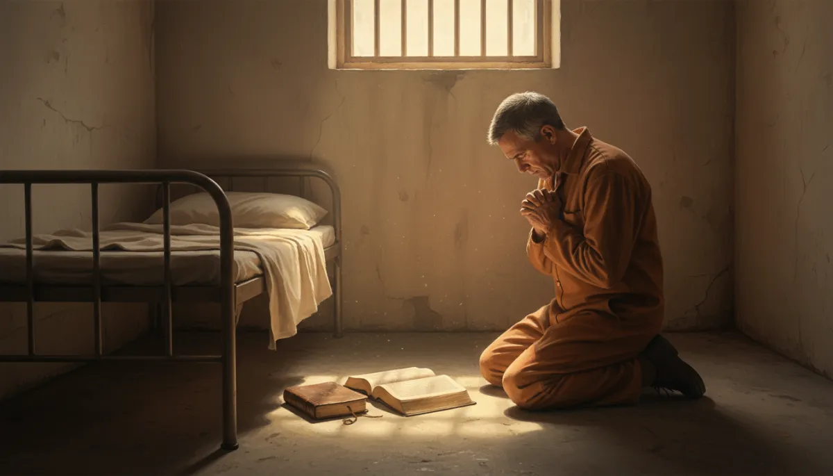 Incarcerated man kneeling in prayer next to a small bed and open Bible