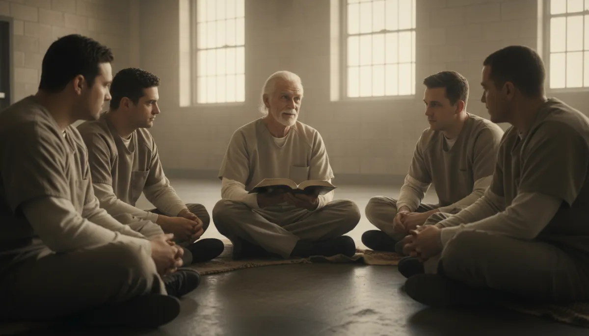 Circle of incarcerated men listening to an older inmate teaching from the Bible