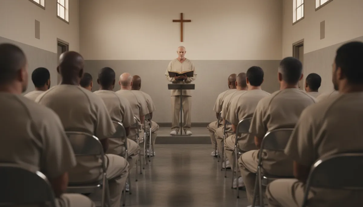 Incarcerated men gathered in a prison chapel listening to a fellow inmate preach
