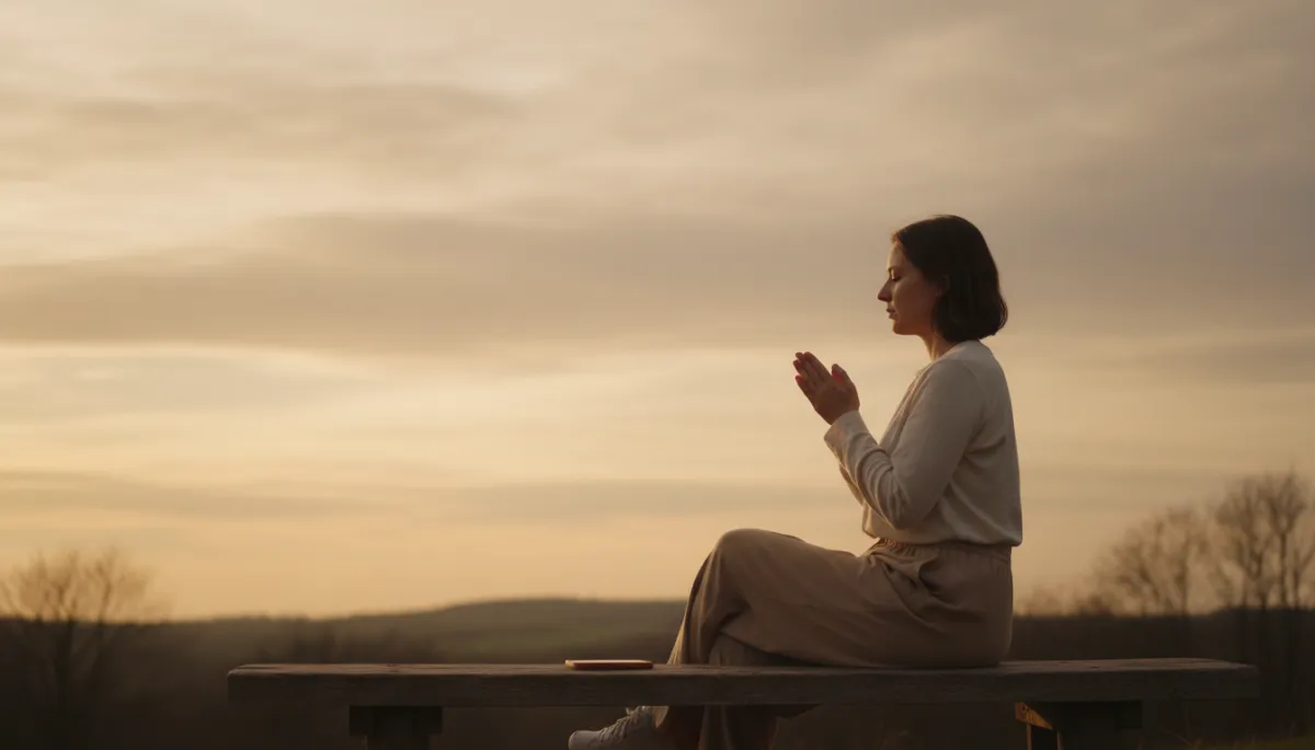 Person praying on a bench with phone set aside at dusk Person praying on a bench with phone set aside at dusk