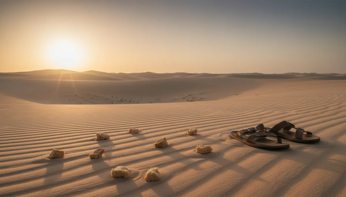 Desert sunrise with manna scattered on the sand Desert sunrise with manna scattered on the sand