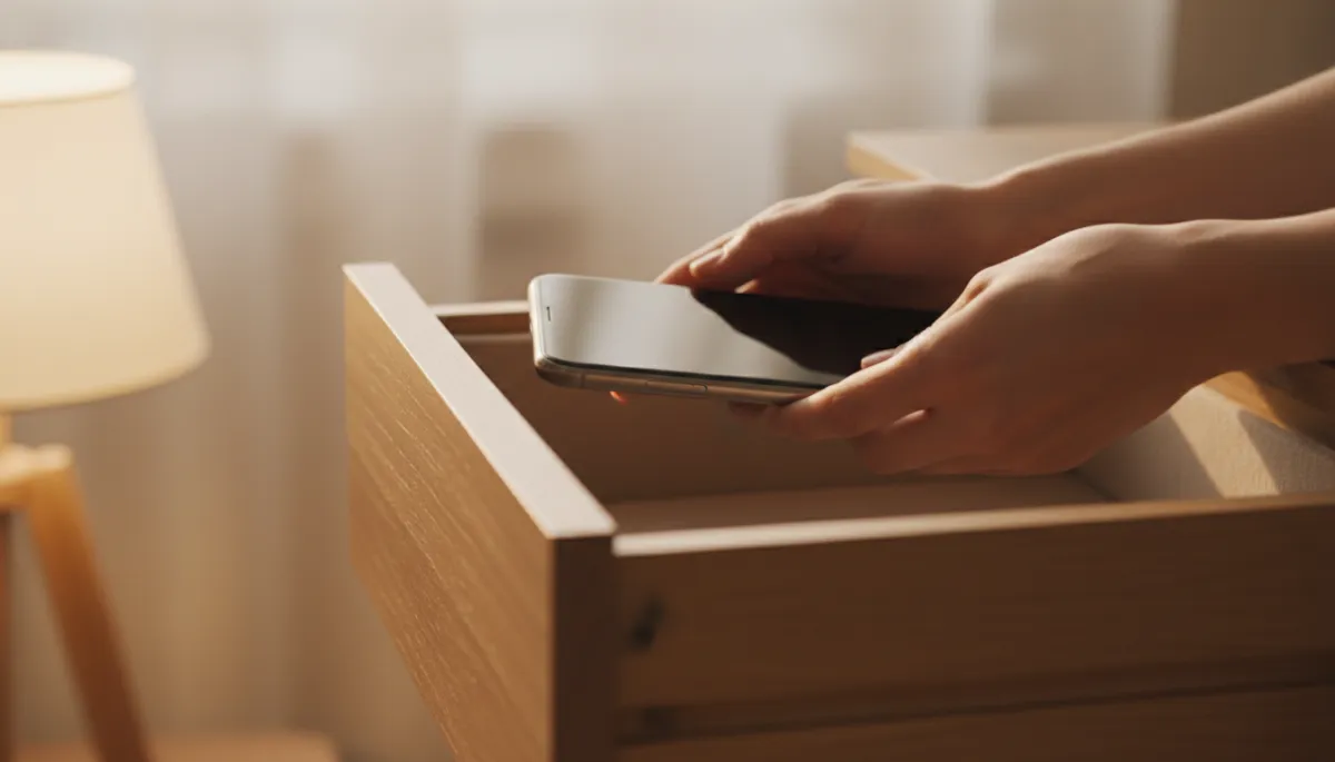 Hands placing a smartphone into a drawer in warm lamplight Hands placing a smartphone into a drawer in warm lamplight