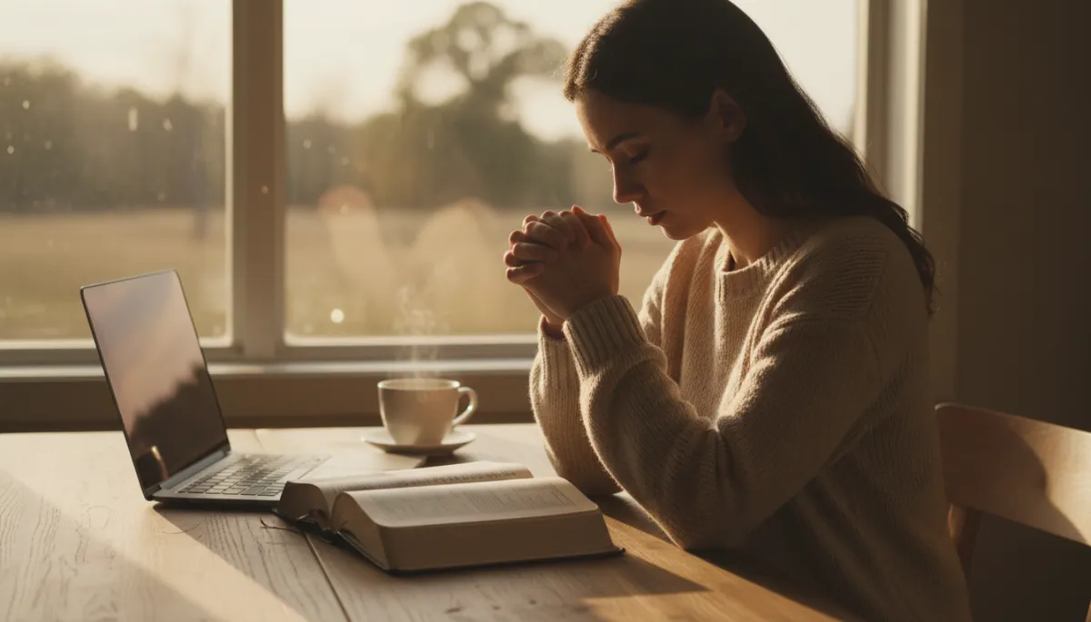 Person praying beside an open Bible and laptop