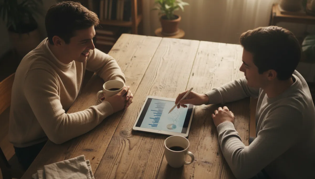 Two people having a calm conversation over coffee