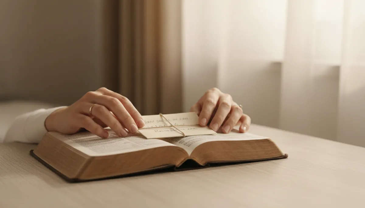 Person placing a handwritten note onto an open Bible in an act of surrender