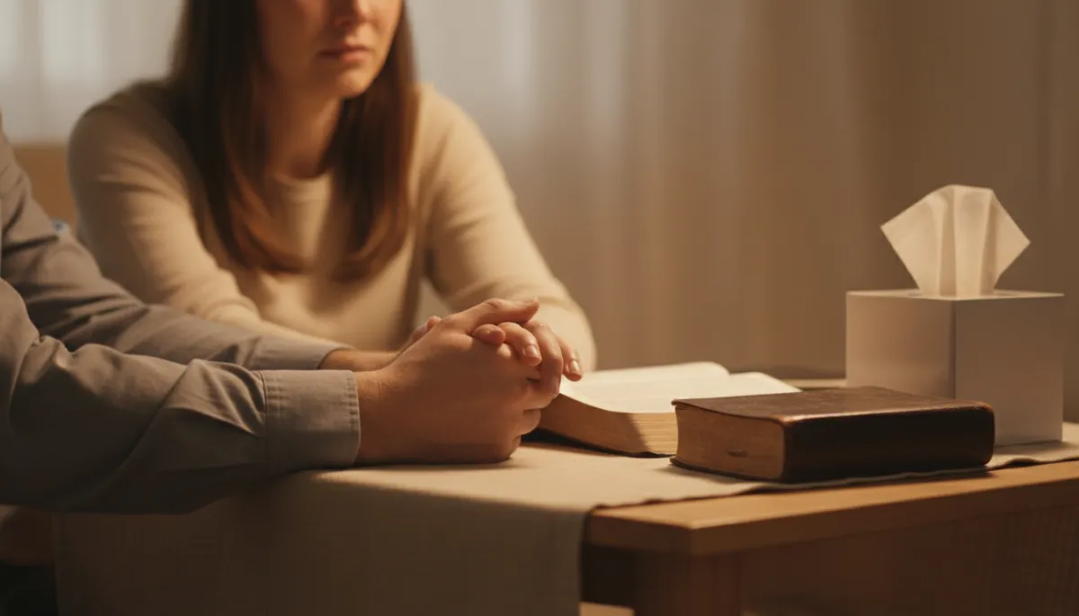Two people holding hands in prayer with an open Bible nearby