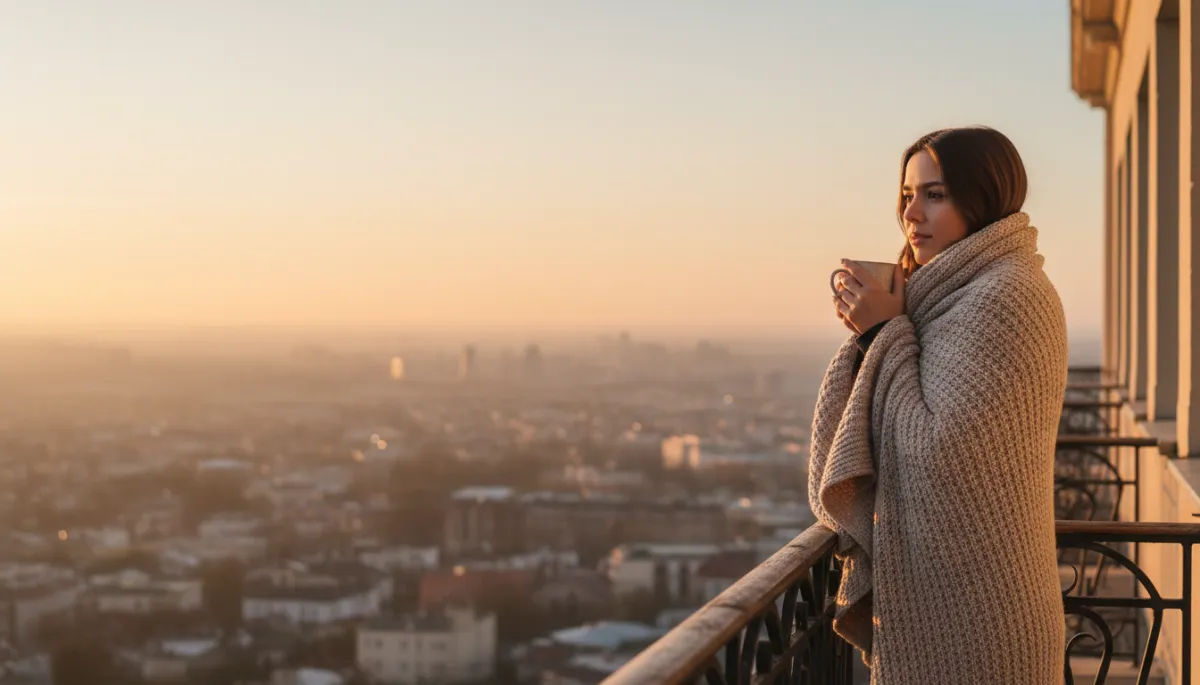Person quietly reflecting at sunrise, wrapped in a blanket and holding a mug