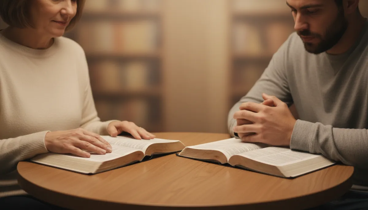 Volunteer and incarcerated man studying the Bible together Volunteer and incarcerated man studying the Bible together