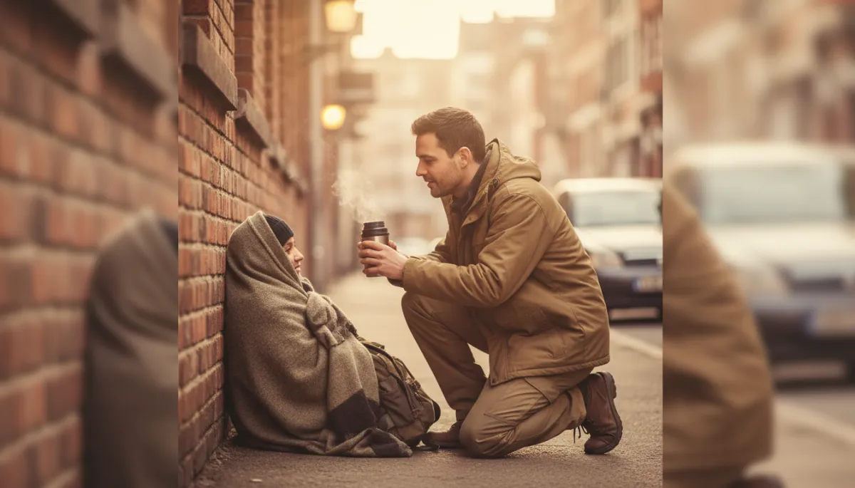Street outreach worker offering support to a person on the sidewalk Street outreach worker offering support to a person on the sidewalk