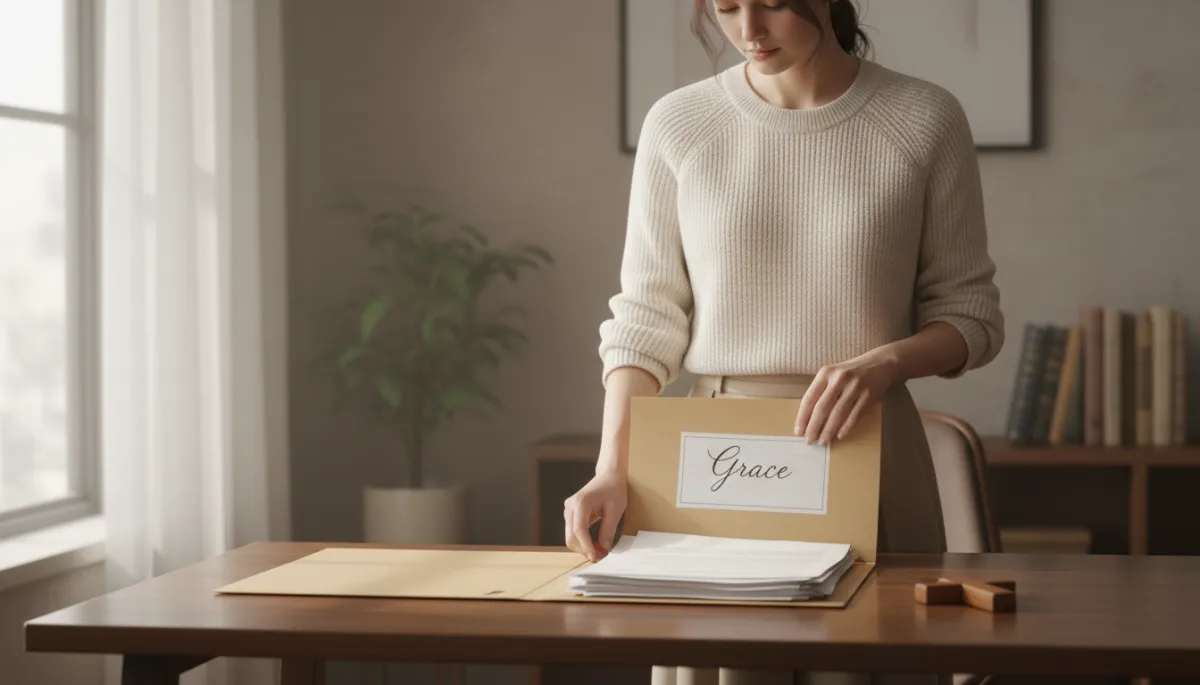 Woman reviewing documents and choosing a response of grace