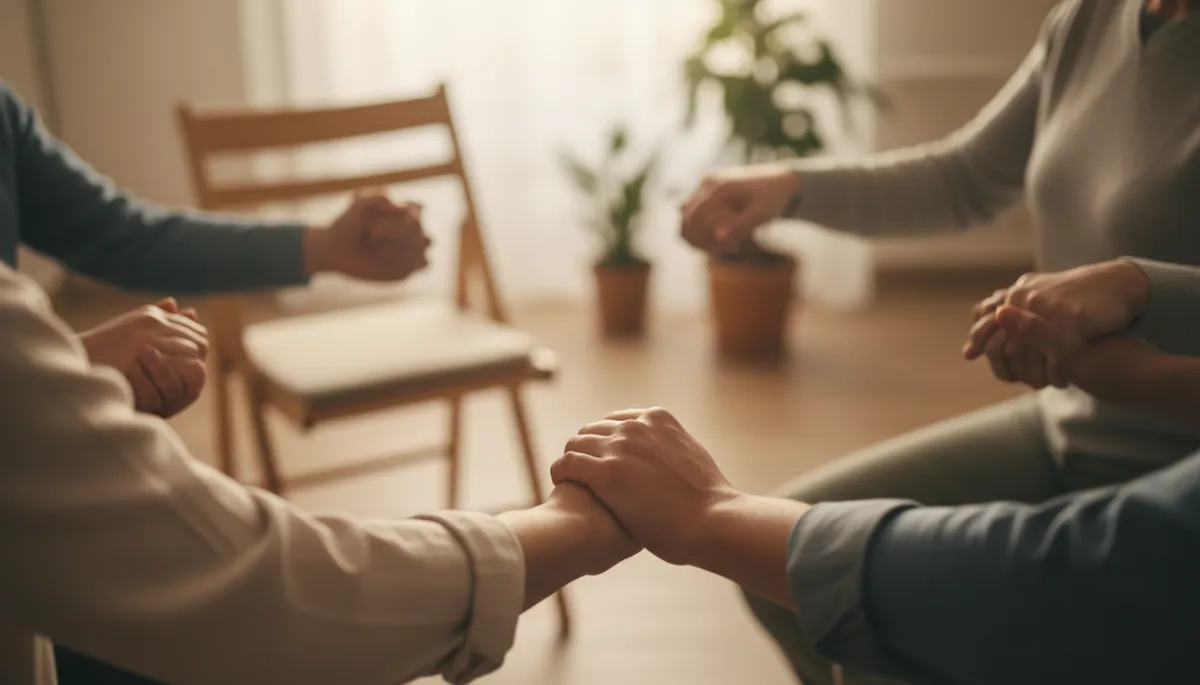 Volunteers holding hands in prayer before serving