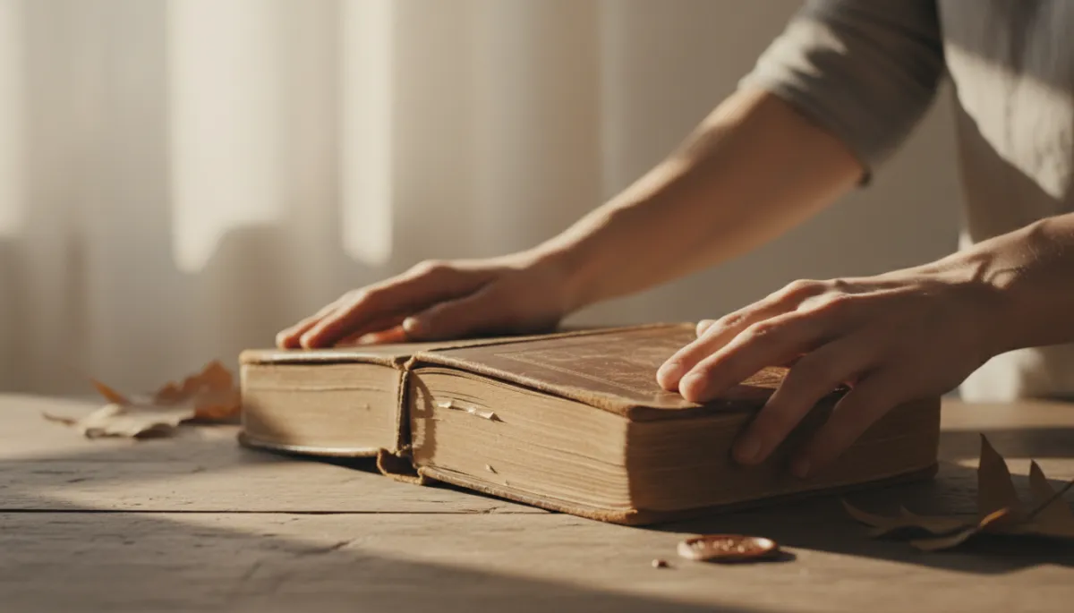 Hands closing an old ledger book in warm neutral light