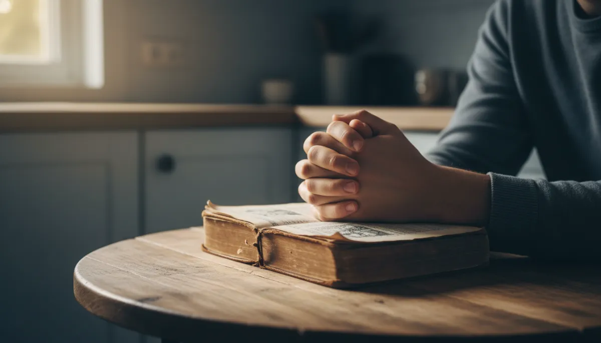 photographic realistic close-up of two hands praying together over a worn Bible on a small kitchen table, soft window light, cool blue-gray shadows in the background