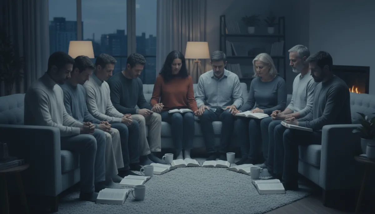 photographic realistic group of diverse adults in a softly lit living room, cool blue-gray shadows, praying together in a circle with open Bibles and coffee mugs