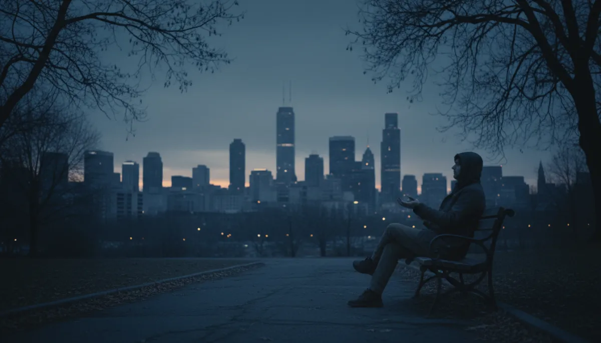 photographic realistic scene of a person sitting on a park bench at dusk, city skyline in cool blue-gray shadows, hands open on their lap in a posture of surrender