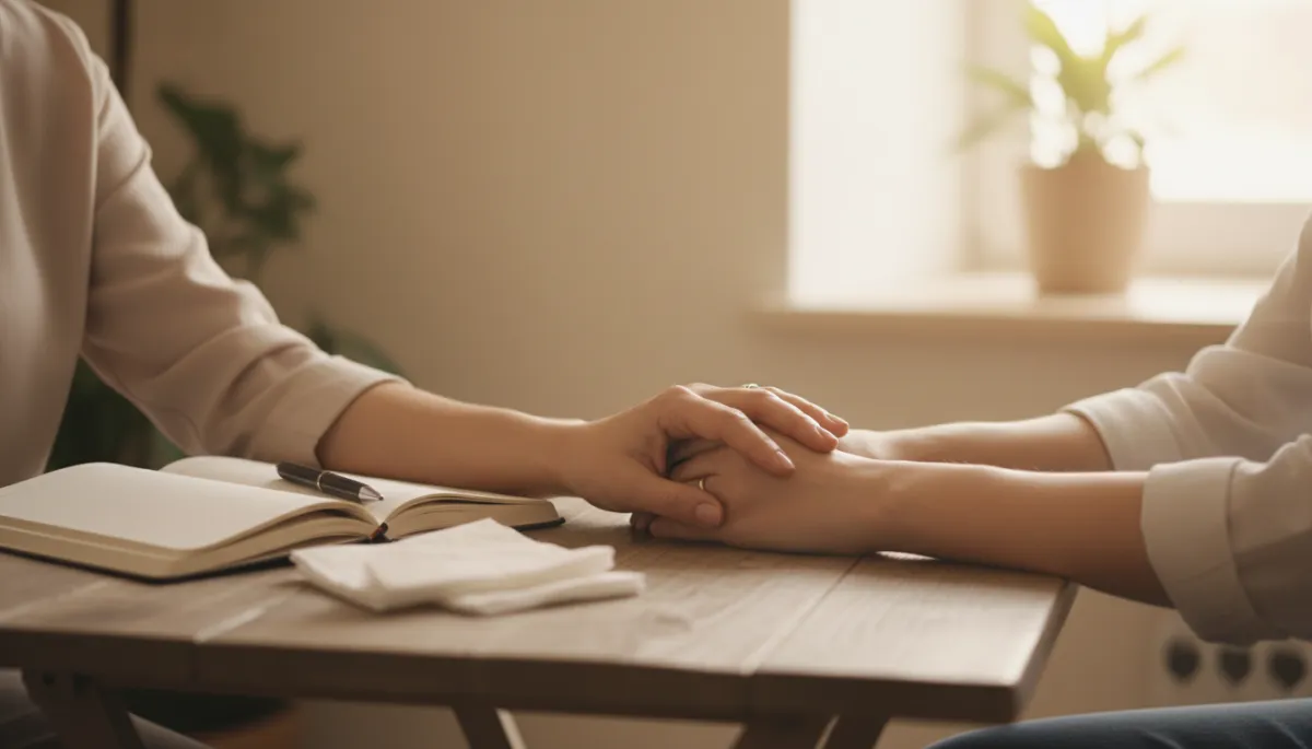 Volunteer holding someone’s hand in a gentle, supportive conversation Volunteer holding someone’s hand in a gentle, supportive conversation