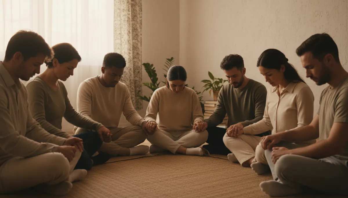 Group of people praying together in a warm-toned community room Group of people praying together in a warm-toned community room