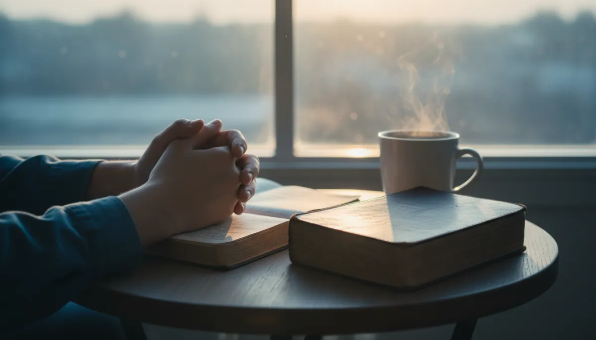 Hands in quiet morning prayer over an open journal and Bible Hands in quiet morning prayer over an open journal and Bible