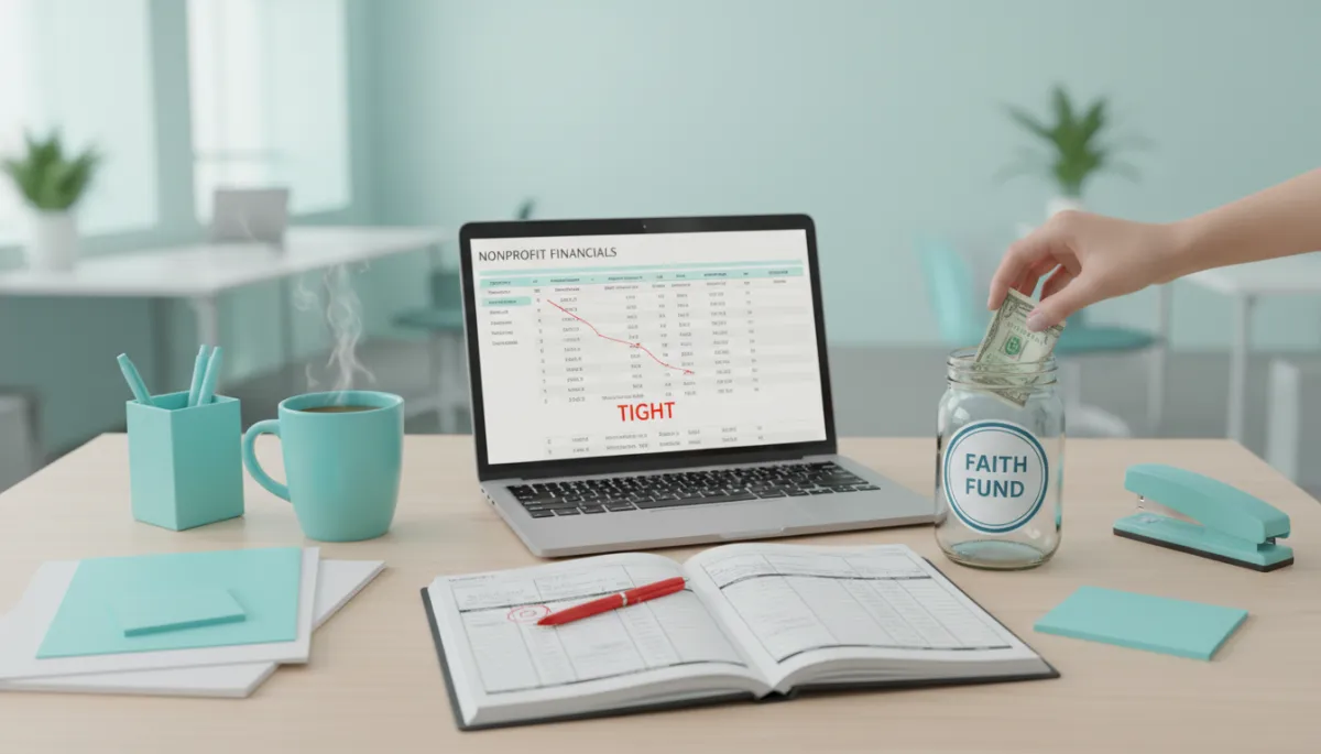 Nonprofit office balancing a tight budget with a faith-based giving jar