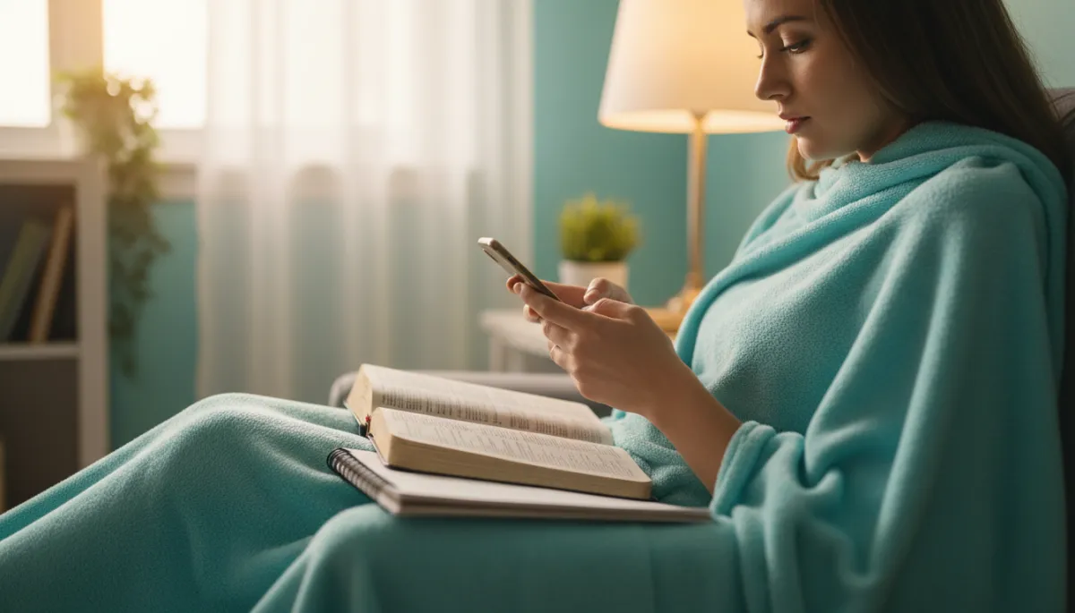 Person calling a prayer line while reading scripture and journaling