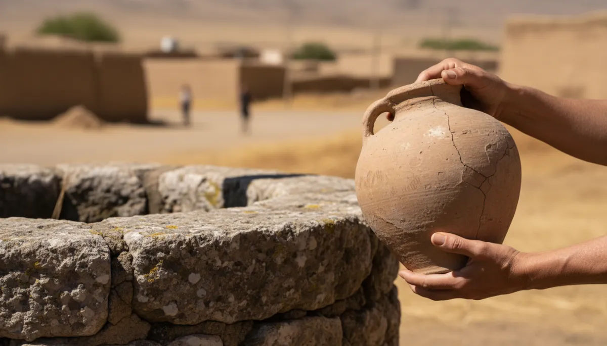 Woman holding a clay jar beside an ancient well at noon Woman holding a clay jar beside an ancient well at noon