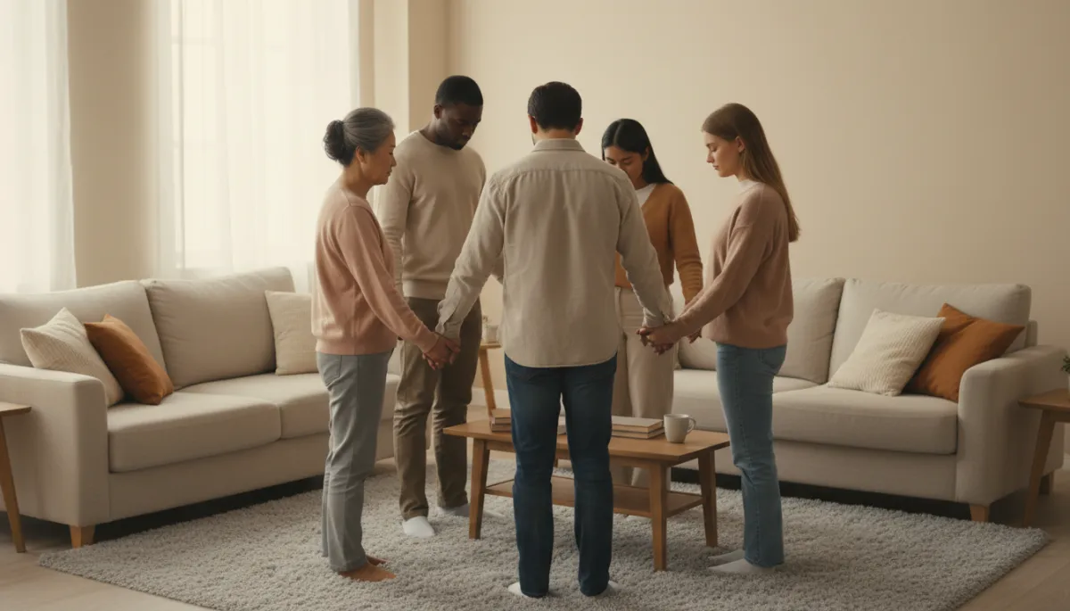 Small group praying together in a warm, welcoming room Small group praying together in a warm, welcoming room