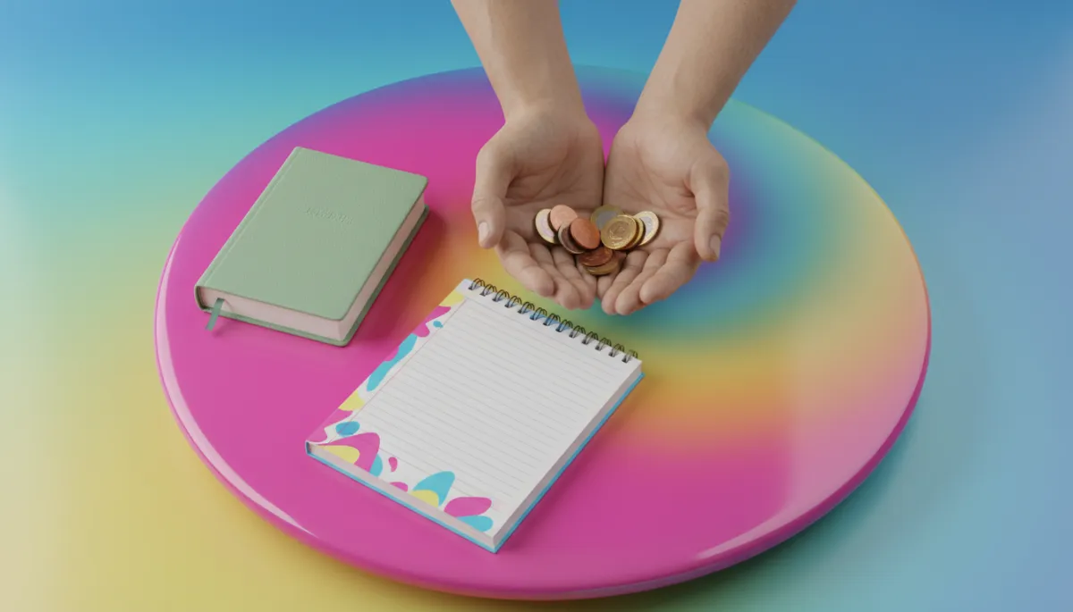 Hands holding a few coins beside a Bible and prayer journal Hands holding a few coins beside a Bible and prayer journal