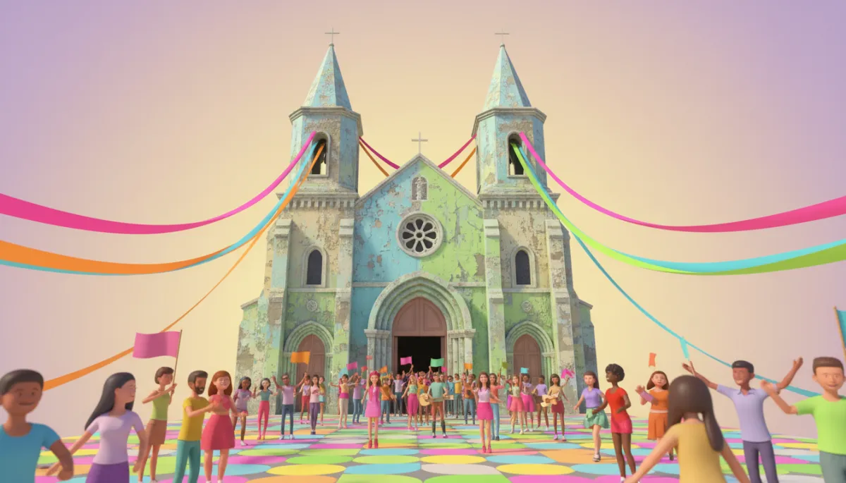 A worn church building with vibrant banners and people entering joyfully A worn church building with vibrant banners and people entering joyfully